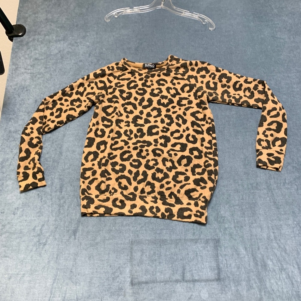 Buffalo David Bitton Sweater Womens XS Black Tan Leopard Print Crewneck Pullover